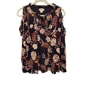 Style & Co Floral Cold Shoulder Blouse Women S Navy Peach Long Sleeve Top New